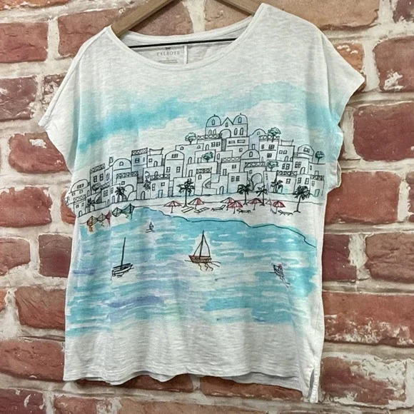 Talbots T Shirt Women's XL Multicolor Coastal Sailboats Beach Travel Graphic Top - Picture 3 of 8